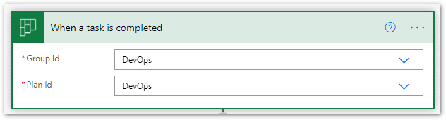 Screenshot: task completion trigger, creating Microsoft Teams workflow. 