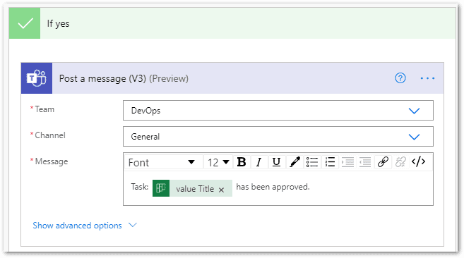 Screenshot: post message to general Microsoft Teams channel, creating a workflow. 