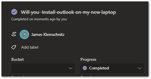Screenshot: complete task in Microsoft Teams Planner. 