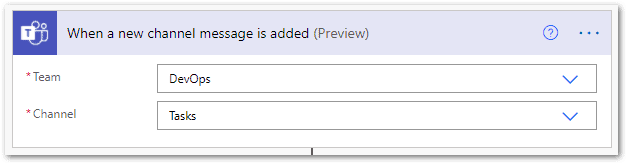 Screenshot: create a trigger in Microsoft Teams flow editor.