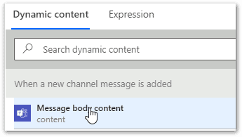 Screenshot: dynamic content, creating workflow in Microsoft Teams. 