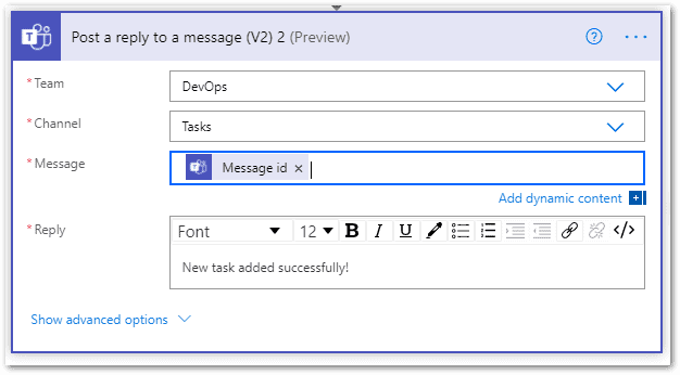 Screenshot: add action, creating a workflow in Microsoft Teams. 