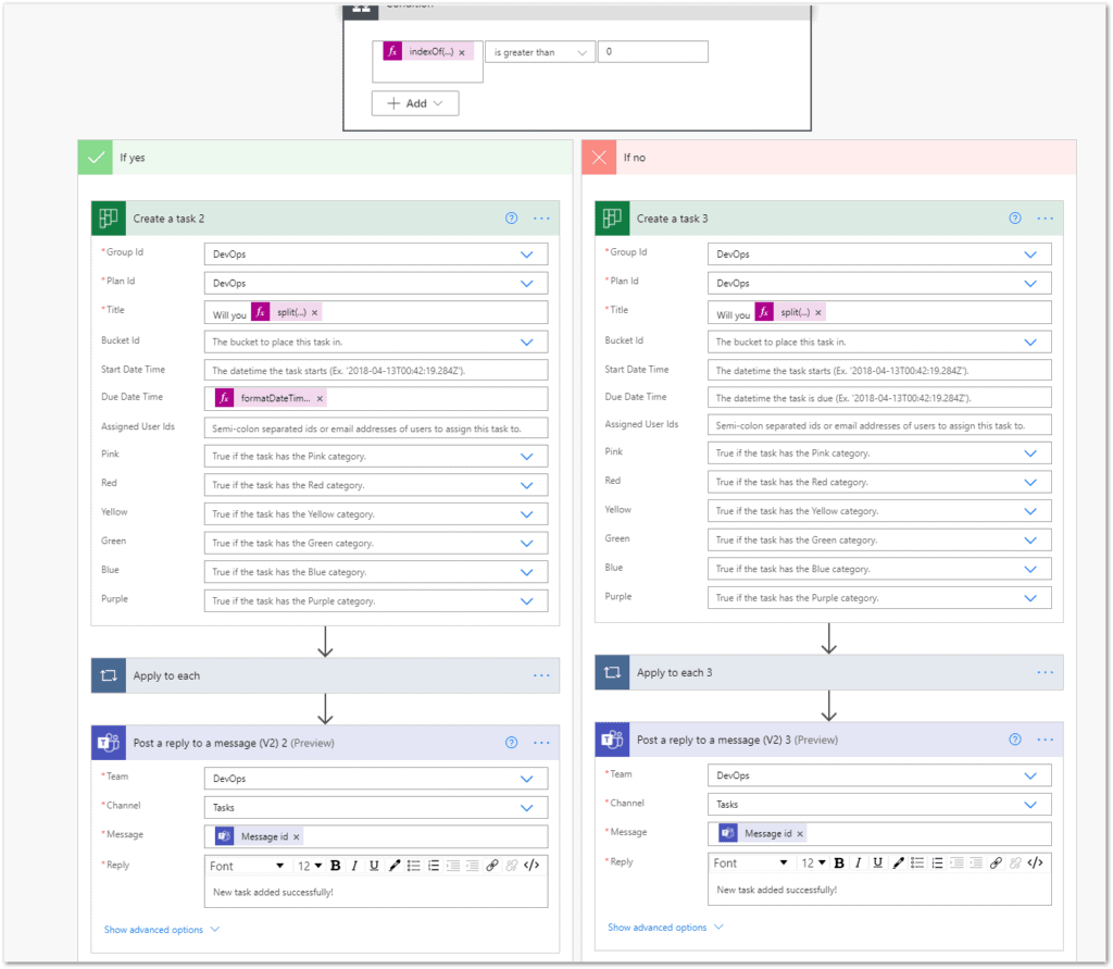 Screenshot: add action, creating a workflow in Microsoft Teams. 