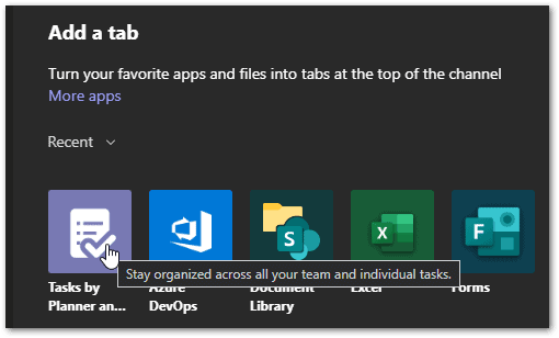 Screenshot: add a tab to a Microsoft Teams channel.