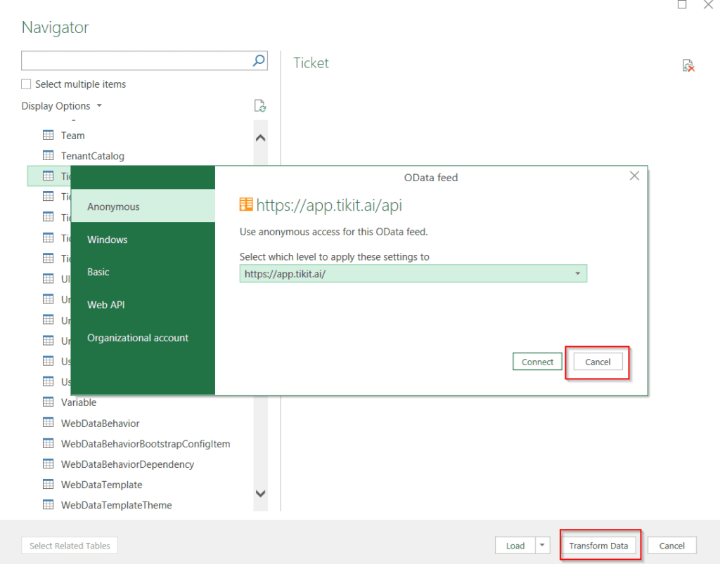 Connect Excel to Tikit step 5