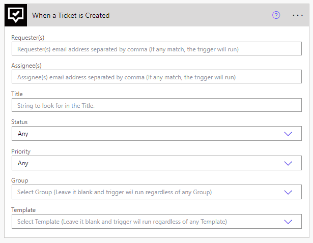 service desk workflows; Tikit trigger: when a ticket is created screenshot