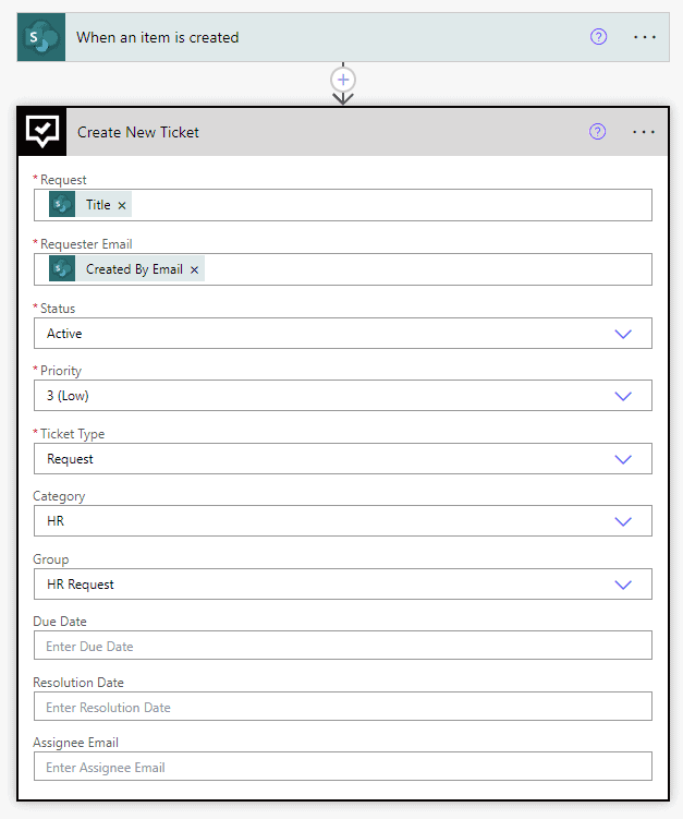 service desk workflows: Tikit action: sharepoint list