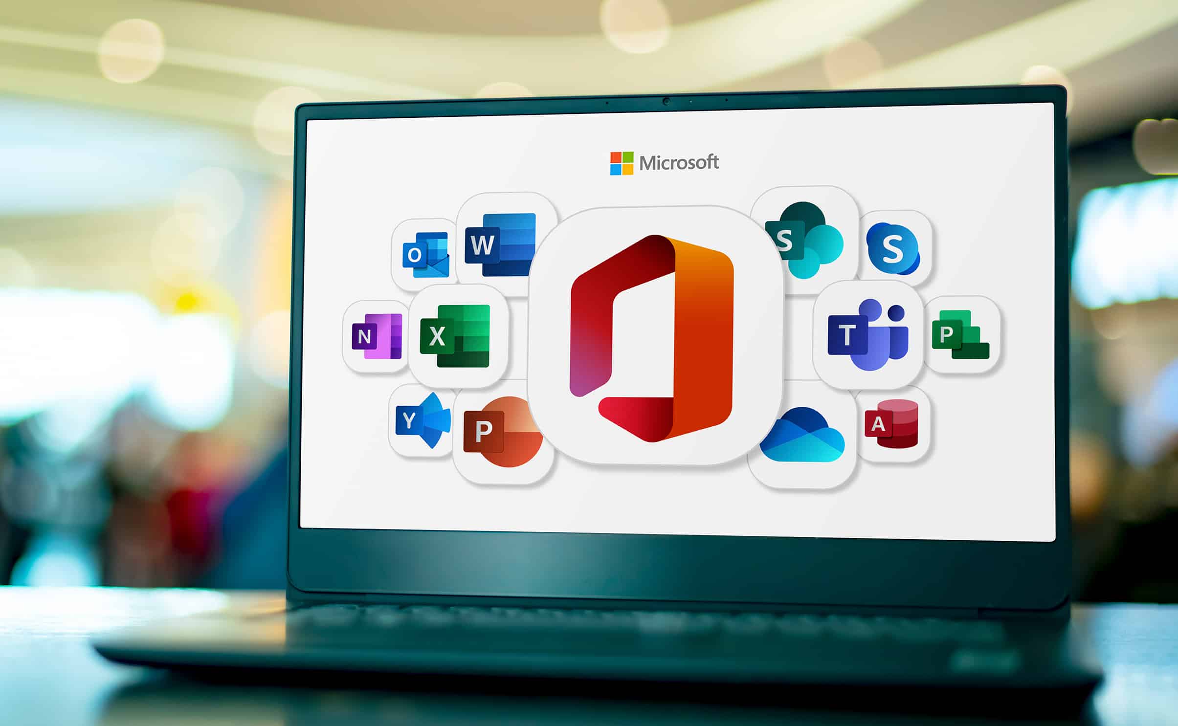 POZNAN, POL - SEP 28, 2022: Laptop computer displaying logos of Microsoft Office, a family of client software, server software, and services developed by Microsoft